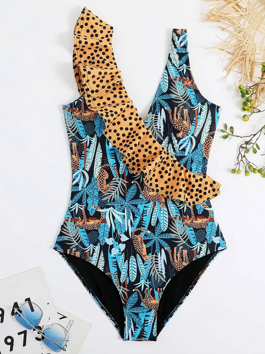 

2025 Leopard Printed One Piece Swimsuit Ruffle Swimwear Women Padded Bathing Swimming Suit Female Summer Bodysuit