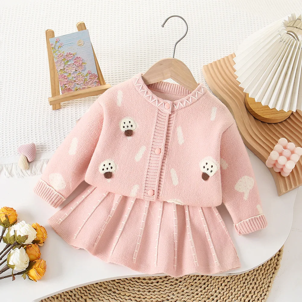 Children's Clothing Sets Cute Mushroom Knit Cardigan + Pleated Skirt Girls Winter Clothes Knit Sweater for 2 To 6 Years