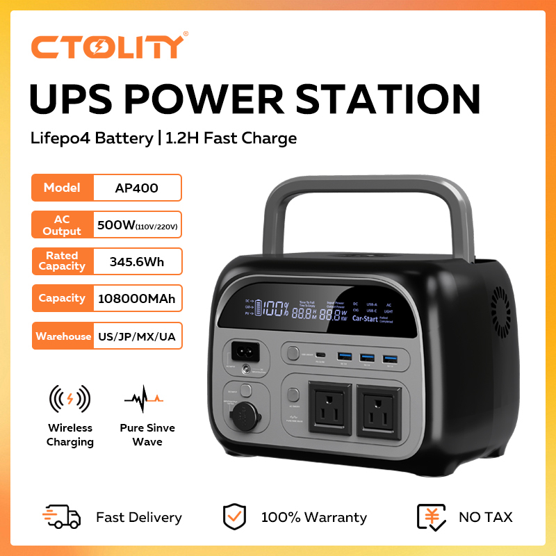  CTOLITY AP400 500W Portable Power Station 345.6Wh 108000mAh Solar Generator LiFePo4 Battery AC Energy Storage Supply Camping RV 