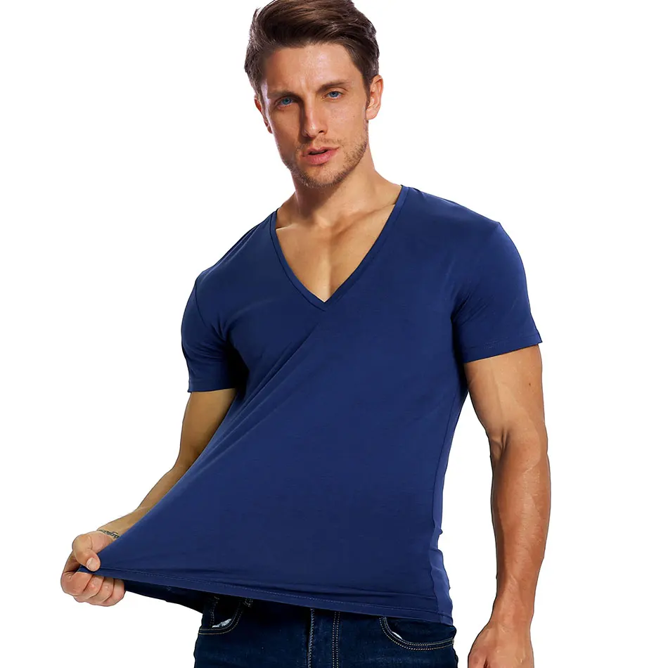 Solid V Neck T Shirt for Men Low Cut Stretch Vee Top Tees Slim Fit Short Sleeve Fashion Male Tshirt Invisible Undershirt Summer