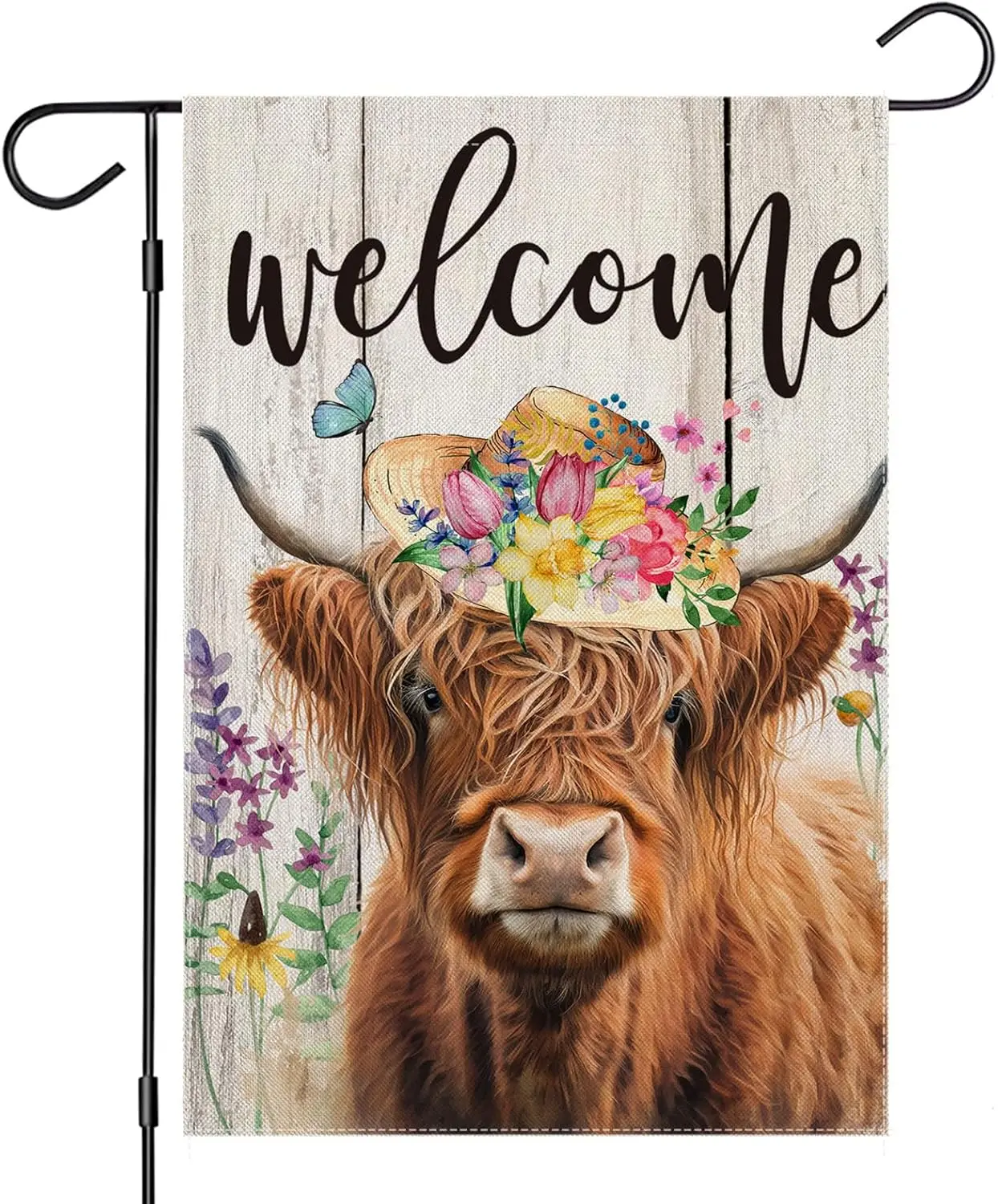 Welcome Summer Spring Garden Flags for Outside 12x18 Inch Double Sided, Highland Cow with Flowers Small Yard Decoration, Seasona