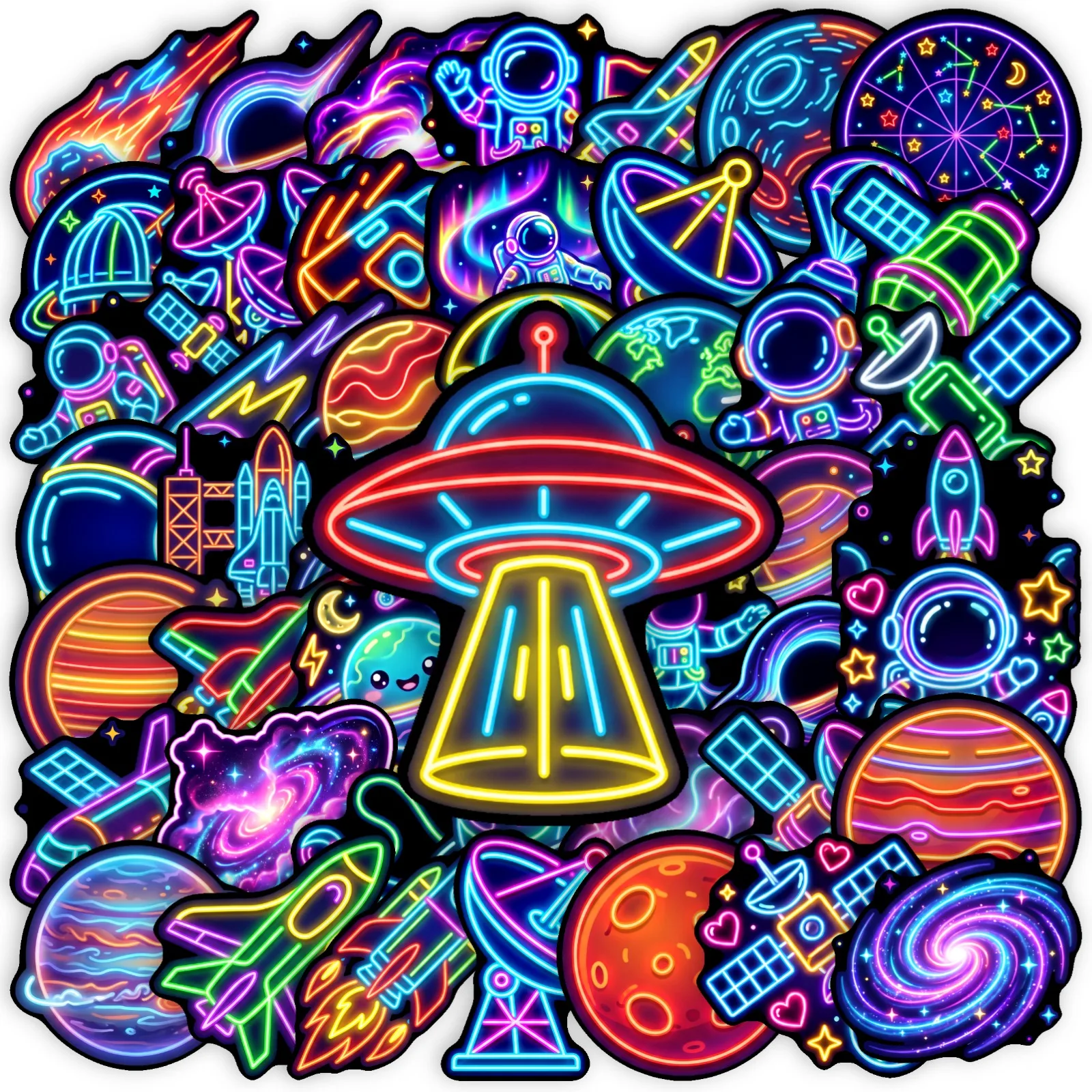 50Pcs Neon Space Sticker Pack, Rocket Planet Astronaut Waterproof Stickers for Journal, Scrapbook, Laptop, DIY Decor