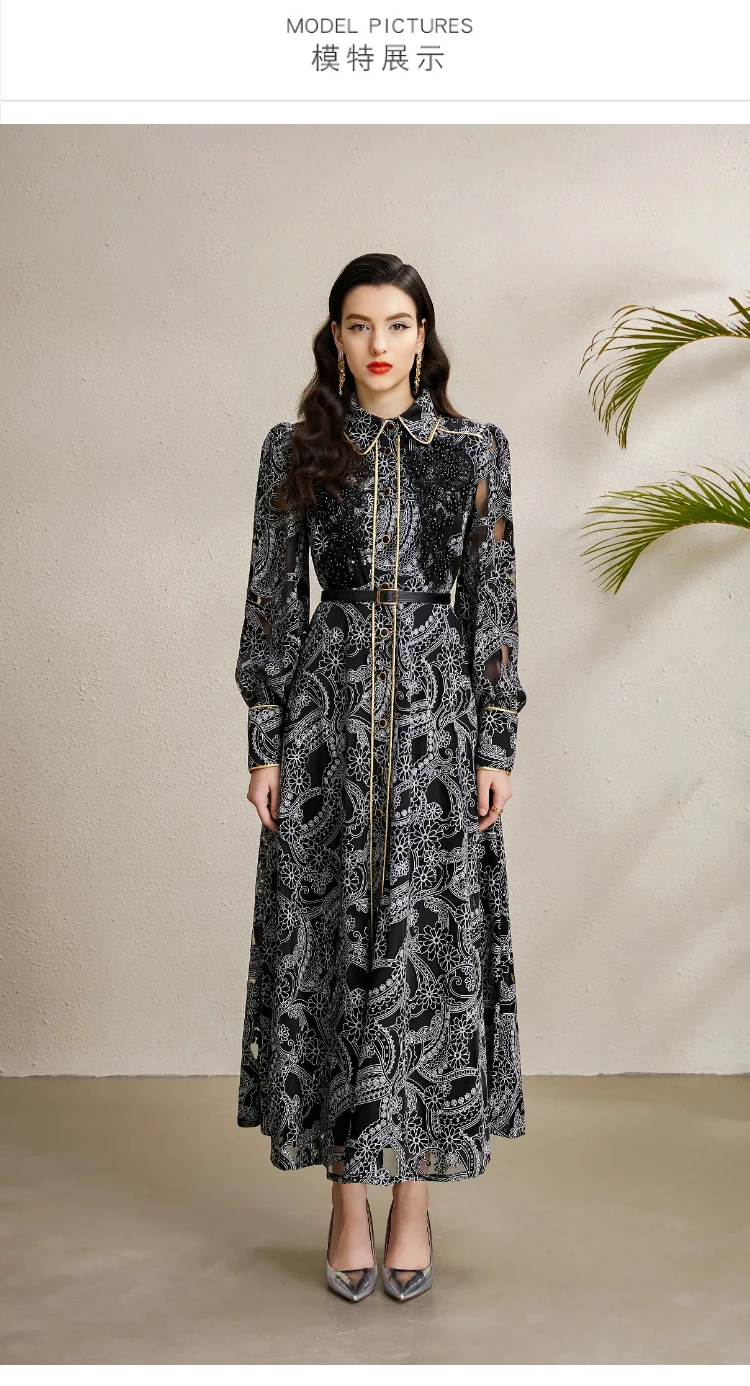 فستان ماكسي نسائي عتيق لخريف 2025 مع حواف ذهبية بروش مطرز بحاشية واسعة ودانتيل أنيق ملابس سهرة رسمية