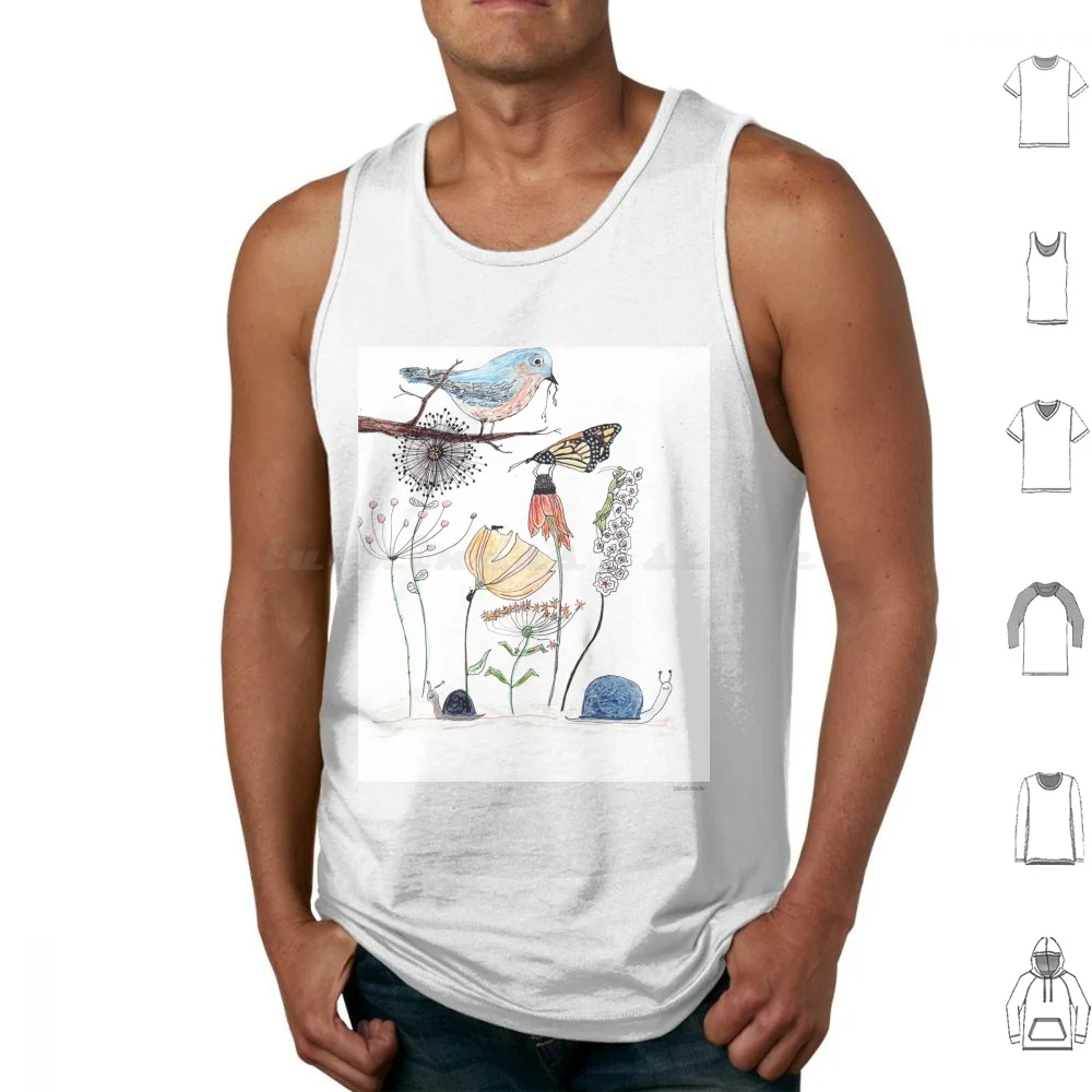 Friends Hanging Out Tank Tops Print Cotton Bird Monarch Snail Bugs Flowers Folk Art Friends Quiet Tranquil Nature Life