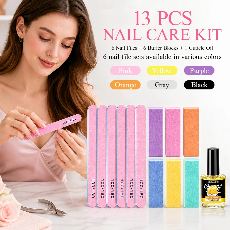 13pcs All-in-One Nail Manicure Set Includes Nail File Nail Buffer Block Nourishing Cuticle Oil Portable Nail Polishing Care Tool