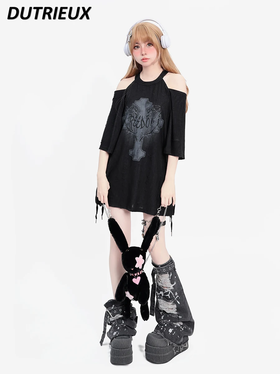 

Black Strapless Punk Style Ripped Mid-Length T-shirt for Women Summer Cute Girls All-Matching Round Neck Short Sleeve Tops