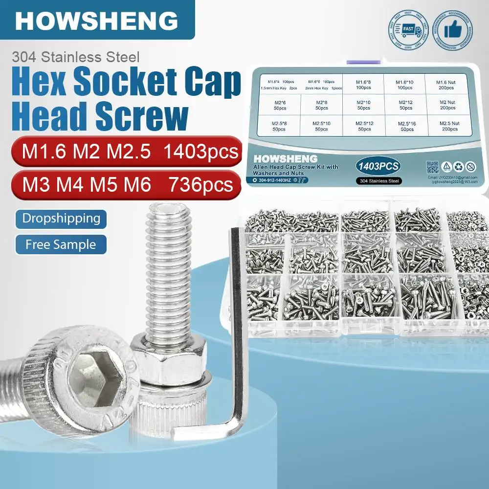 

HOWSHENG 1403/736pcs Hex Socket Cap Head Screw Bolt Nut Set M2 M4 M5 M6 Stainless Steel Hexagonal Allen Bolts Assortment Kit