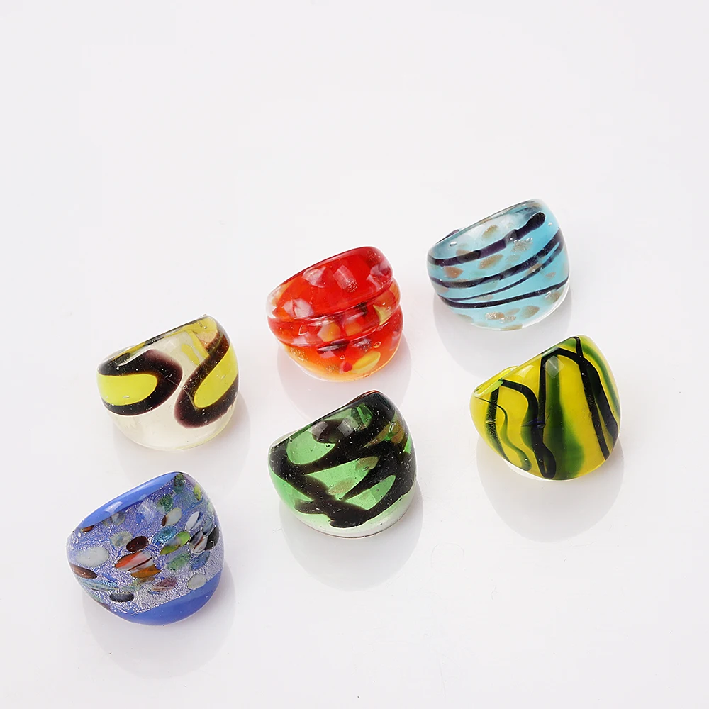 Wholesale Lots 12Pcs Summer Mixed Styles Murano Glass Lampwork Ring Birthday Men Women\'s Wedding Party Valentine Fashion Jewelry