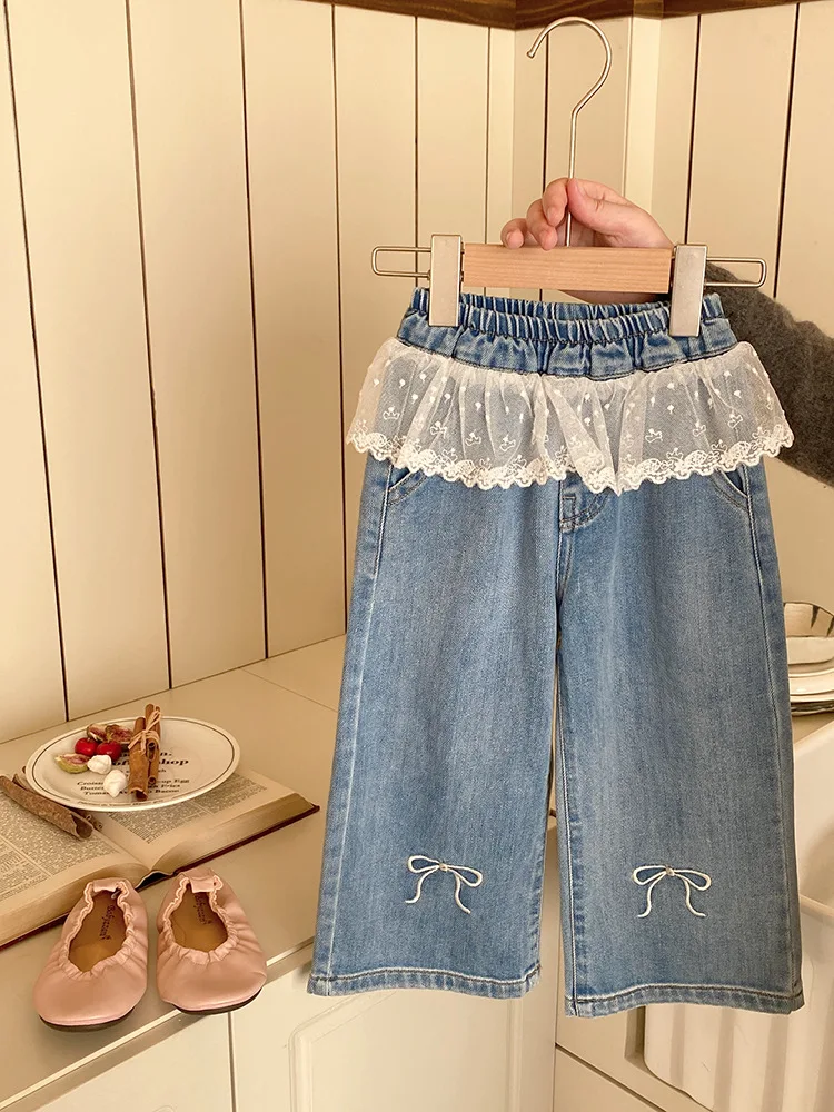 Girls Cartoon Letter Top Heart Strap2025Spring New Patchwork Lace Embroidery Bowknot Jeans