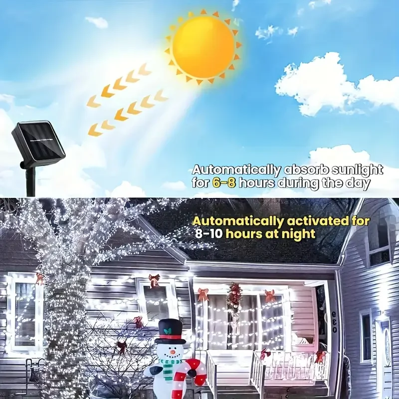 سلسلة إضاءة خارجية تعمل بالطاقة الشمسية مع 8 أوضاع إضاءة مناسبة لتزيين العطلات وأضواء LED الشمسية الجنية للحدائق والحفلات