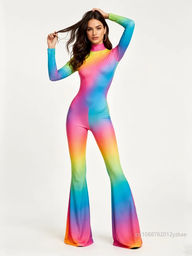 New Rainbow Gradient Jumpsuit For Women Music Festival Cosplay Geometric Print Bodysuit Halloween Party Stage Performance Outfit view 2