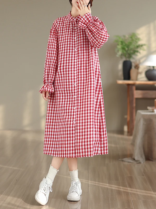 High-End Koreaanse Japanse Plaid Lange Dr Dames Faionable Veelzijdige Retro Aosphere Kraag Dr Plus Size A-lijn Rok