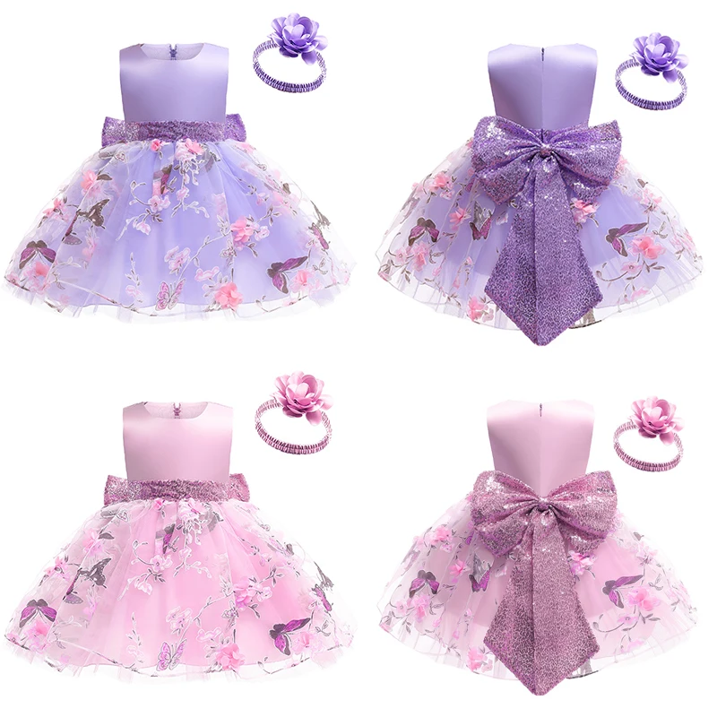 

Butterfly Embroidery Newborn Baby Girls Dress High Quality Big Bow Christmas Little Princess Dress + Headband 2Pcs Kids Fashion