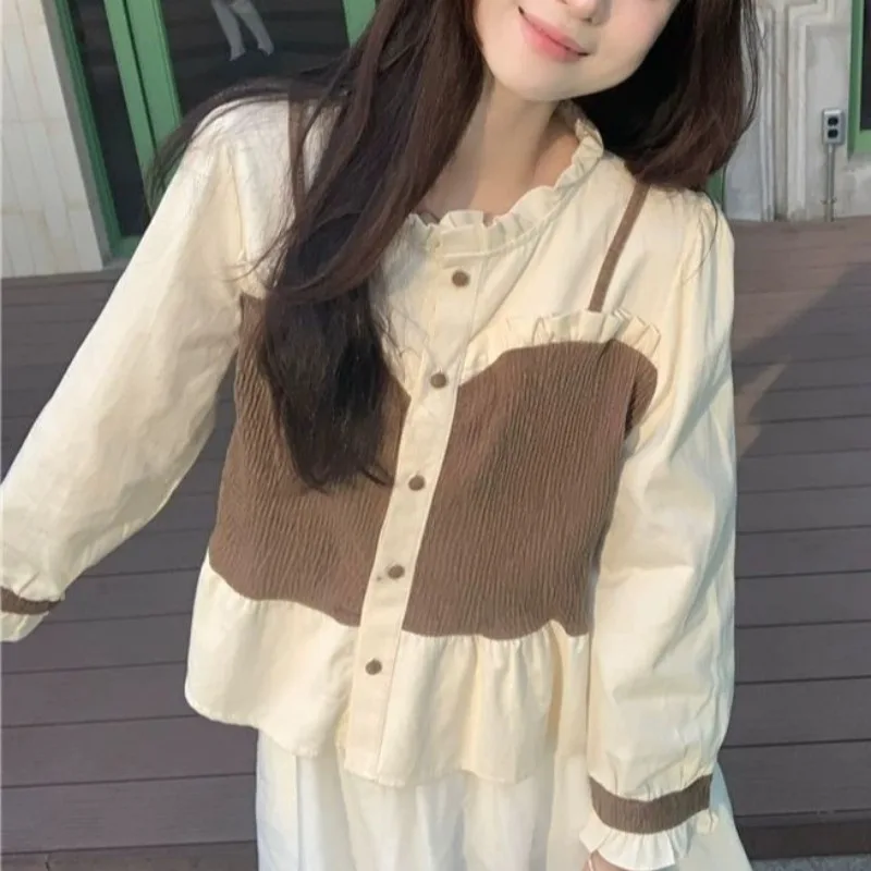 Niche Shirts for Women Fake 2 Pcs All-match Long Sleeve Design Ruffles Ins Girls Sweet Spring Autumn Casual College Soft Young