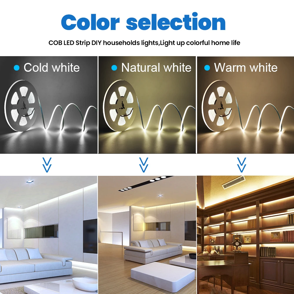 COB LED Strip Light 2.7mm 4mm Ultra thin 12V 24V 5V Bright 480LEDs/m 8mm PCB RA90 High Density Flexible Lamp Linear Lighting