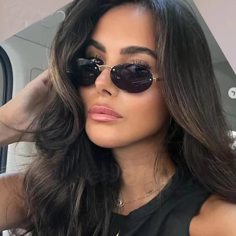 

Rimless Women's Retro Oval Sunglasses Fashion Hot Girl Trendy Sun Glasses Ladies Hipster Brand Black Small Frame Star Shades