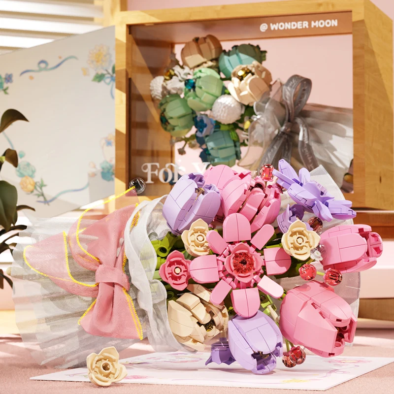 

2 Styles Creative Bouquet Model Building Blocks Valentine's Day Gifts DIY Eternal Flower Assembly Bricks