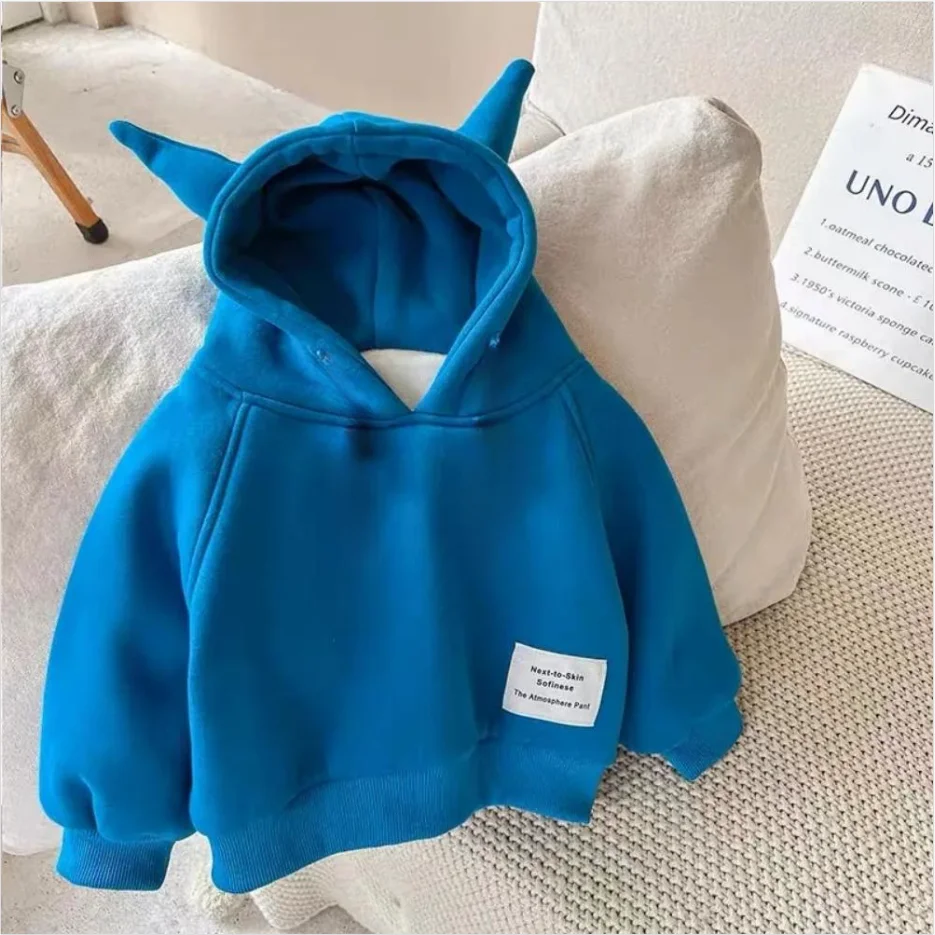 Winter Kids Thick Sweatshirt Clothes Autumn Boys Girls Lamb\'s Wool Padded Warm Hoodies Big Children Solid color Pullover Tops