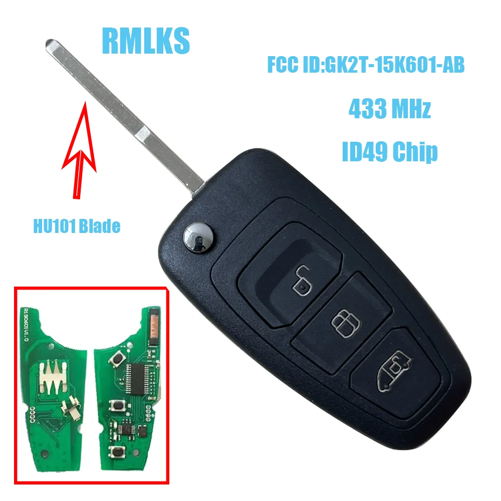 3 Button Flip Remote Key for Ford Transit 433MHz ID49 Chip HITAG Pro Chip GK2T-15K601-AB with HU101 Blade