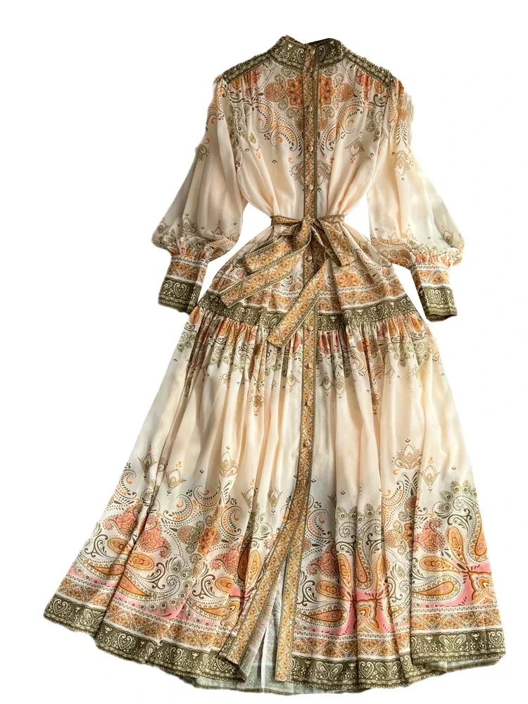 

New Floral Single Breasted Dresses Women Temperament Bandage Robe Femme 2025 Vestidos A-line Pleated Maxi Dress