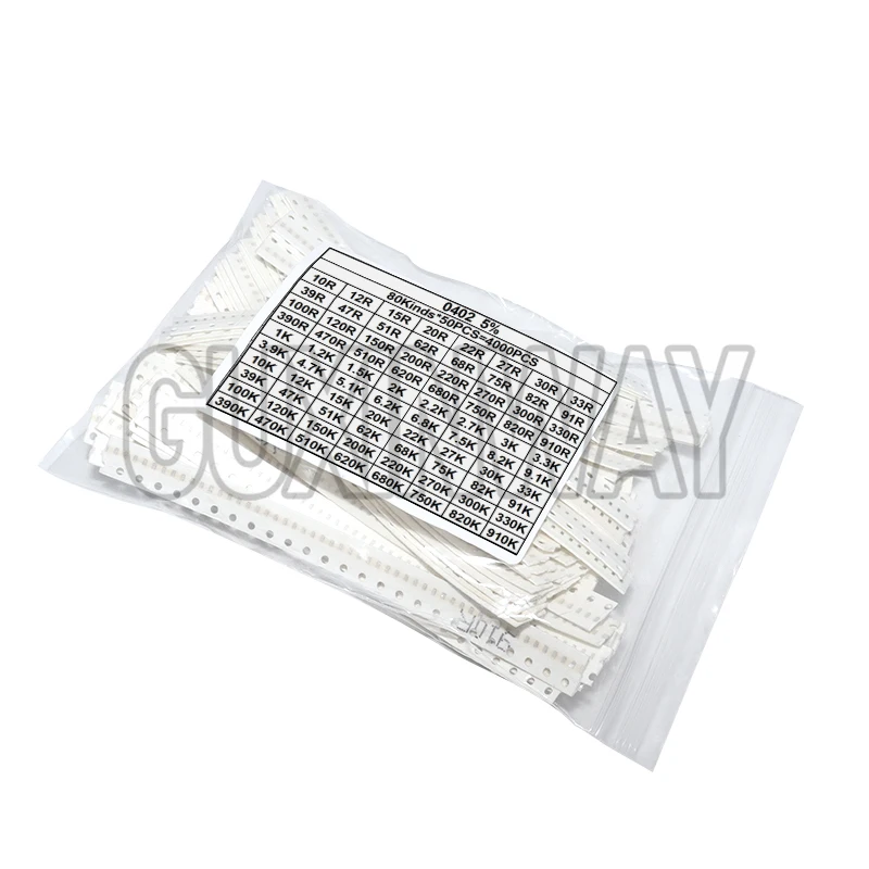 Kit resistore SMD 4000 pezzi 0402 Kit assortito 10ohm-1M ohm 5% 80valuesX 50 pezzi = 4000 pezzi Kit campione
