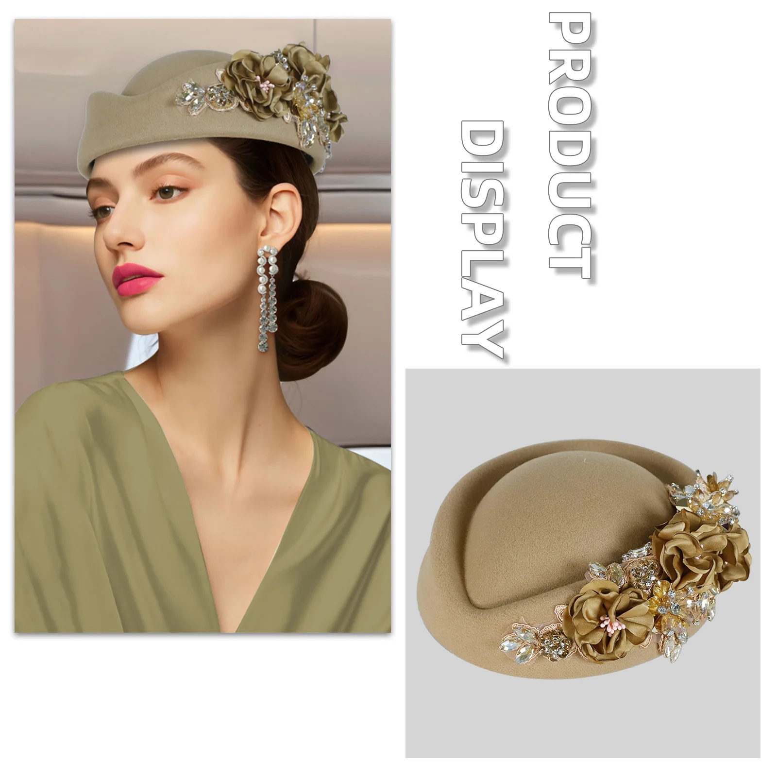 

Floral Beaded Felt Beret Hat Muslim Ladies Vintage Air Stewardess Style Hijab Cap for Formal Church Tea Party Headwear Bonnet