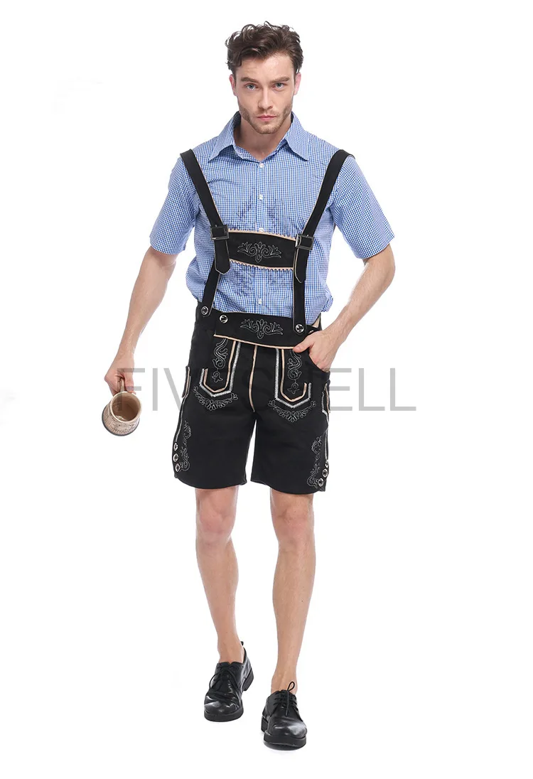 Germany Oktoberfest Man'S Costume Blue Red Shirt Short Sleeve Adjustable Embroidery Suspender Shorts Halloween Cosplay Costumes