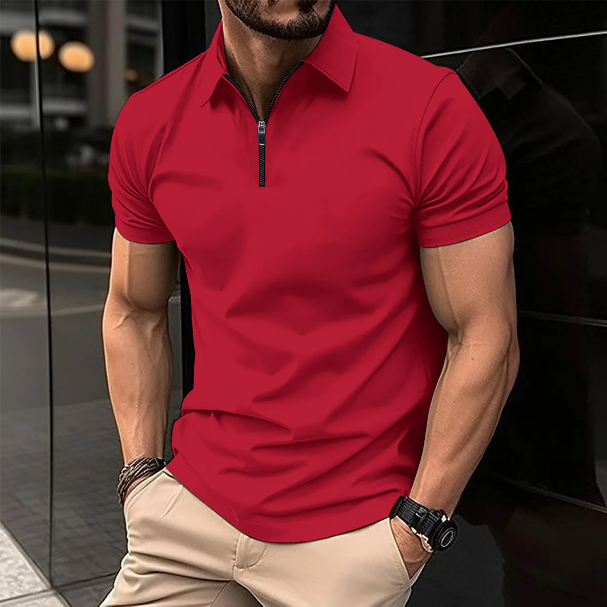 Summer new men\'s casual lapel short-sleeved T-shirt zipper solid color men\'s sports polo shirt