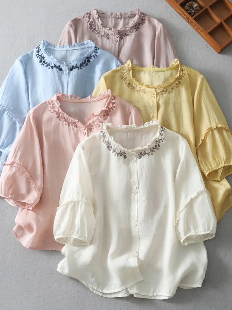 Ele bordado cáñamo irt mujer verano único hermoso f Sve Top Vintage Sle suelta ajuste botón detalle