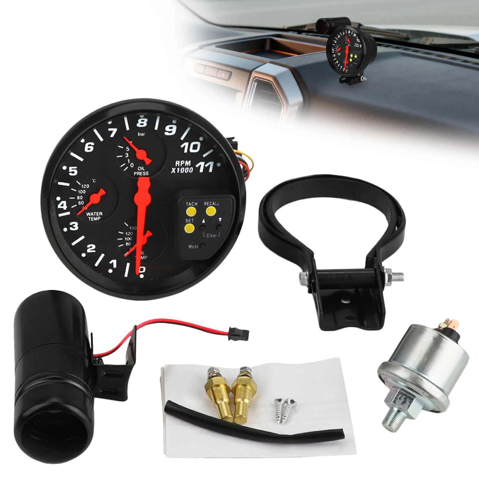 

12v 5 Inch Car Speedometer Tachometer Fuel Meter Dashboard Gauges Adjustable Shift Light for 4/6/8 cylinder engines 4-In-1 Meter