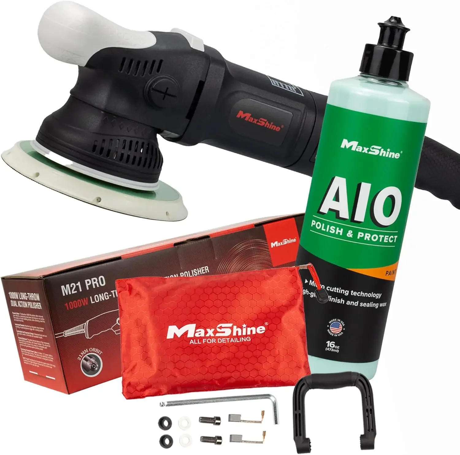 M21 Pro Kit - DA Polisher w/ AIO Scratch & Swirl Remover - Powerful 1000W, 6-Spd, 21mm Throw, 6