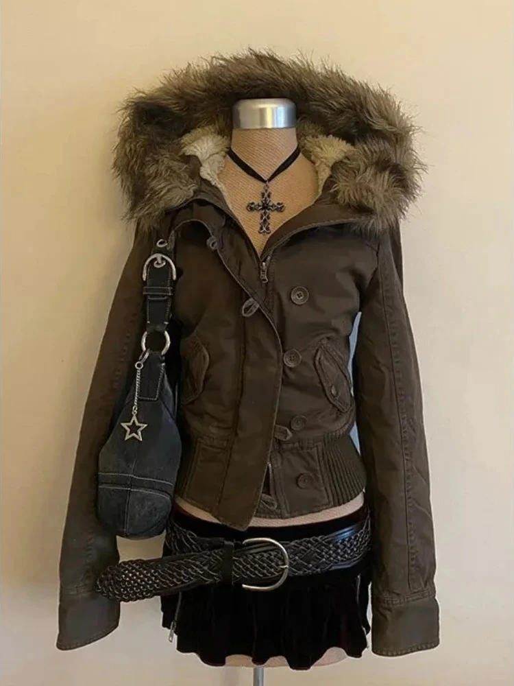 Subkultur Harajuku Vintage Safari Mäntel mit Kapuze Frauen Reißverschluss Sweatshirts Casual Streetwear Grunge Jacke Y2k Stehkragen
