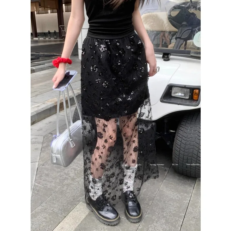 Black Heavy Industry Sequined Skirt Women's Summer Lace Splicing Gauze  Small Hip Skirt A-word Long Skirt