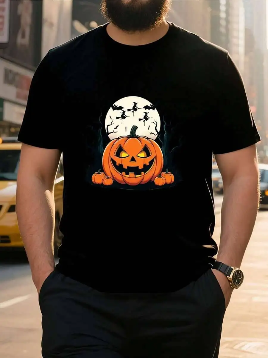 Men's Pumpkin Graphic T-Shirt Big & Tall Sizes Available Soft Breathable Crew Neck Tee Spooky Jack-O'-Lantern Print 100% Cotton