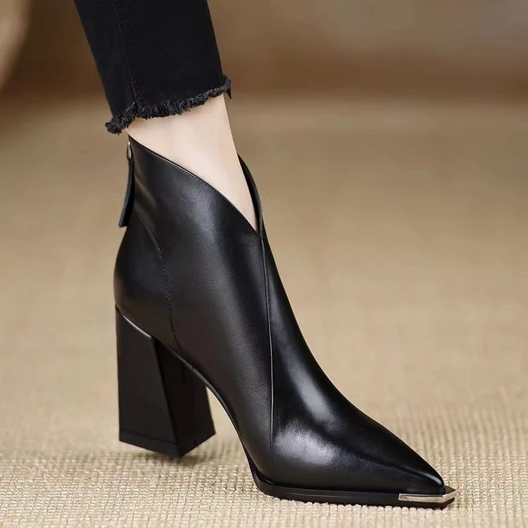 

Leather Chunky Heel Faion Boots Autumn Winter Pointed Toe High-End ort Boots Small Ankle Boots Elegance Single Boots