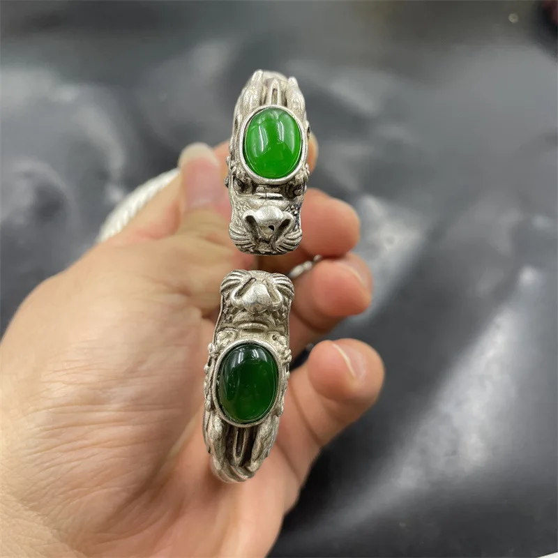 Tibetan-style Retro Aged Silver Inlay Double Dragon Bracelet Men and Women Fashionable Personalized Gift