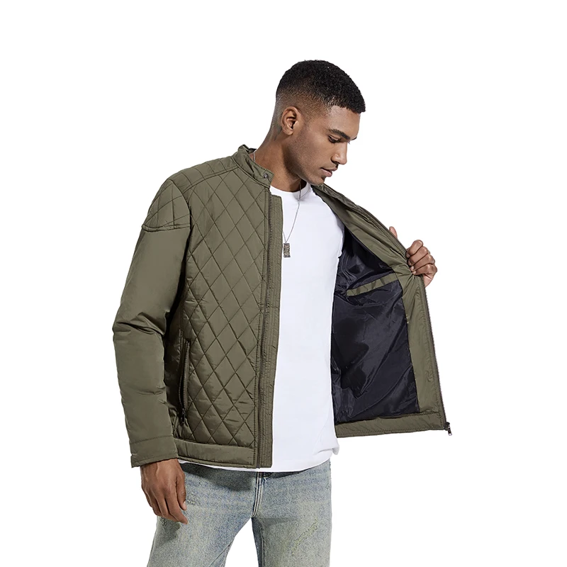 

Autumn and Winter Thin Cotton Mens Jackets Male Stand Up Collar Diamond Patterned Jacket for Young Men's Tops Solid Color Jacket