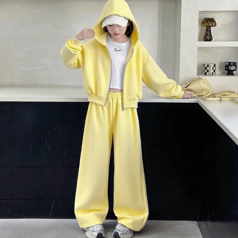 Girls Plain Crop Hooded Zip Sweatshirt Jacket+Sweatpant Workout Set School Kid 2PCS Tracksuit Children Outfit Jogger Suit