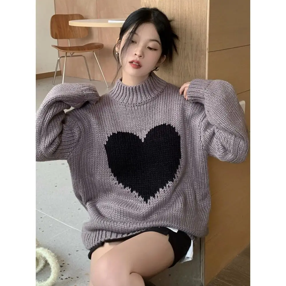 

New Design Love Pattern Knitted Sweater Tops Fashion Casual Loose Lazy Wind Jumper Women Wear Outside Knitwear