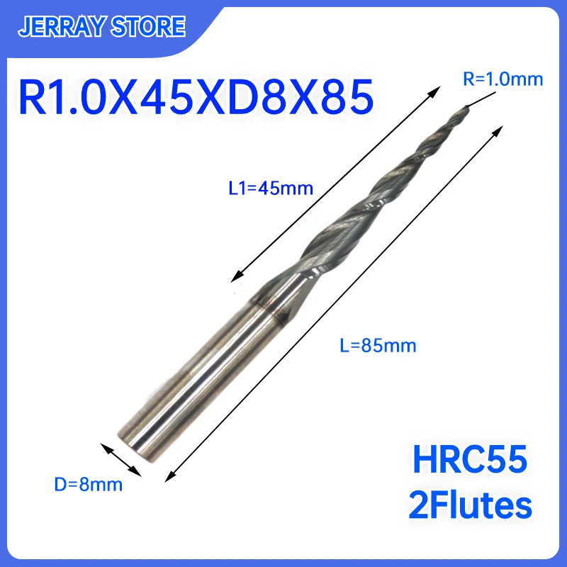 

R1.0X45XD8X85mm HRC55 2-флейтовые твердосплавные вольфрамовые конические сферические концевые фрезы для обработки дерева с ЧПУ 2D 3D фрезы для резьбы фрезерные cu
