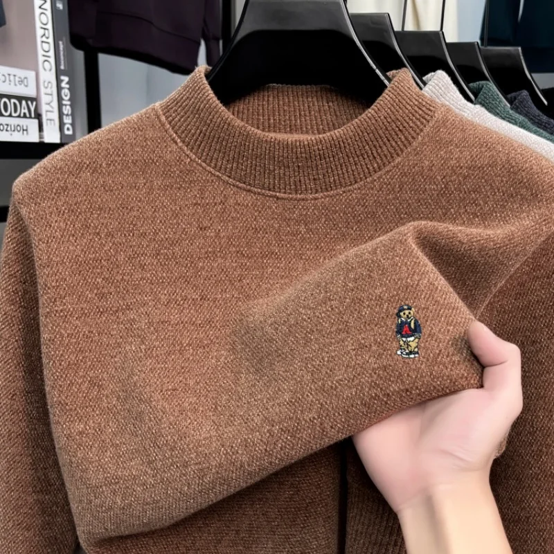 Brand luxury round neck sweater men trendy cartoon bear embroidery winter plush warm comfortable casual quality knitted pullover