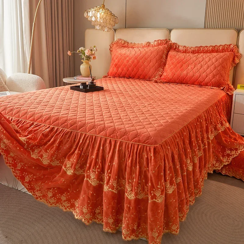 AI WINSURE-European Embroidered Velvet Bedspreads Quilted, King Size Luxury, Double Queen, Soft Bed Skirt Set, 3pcs Bed Cover