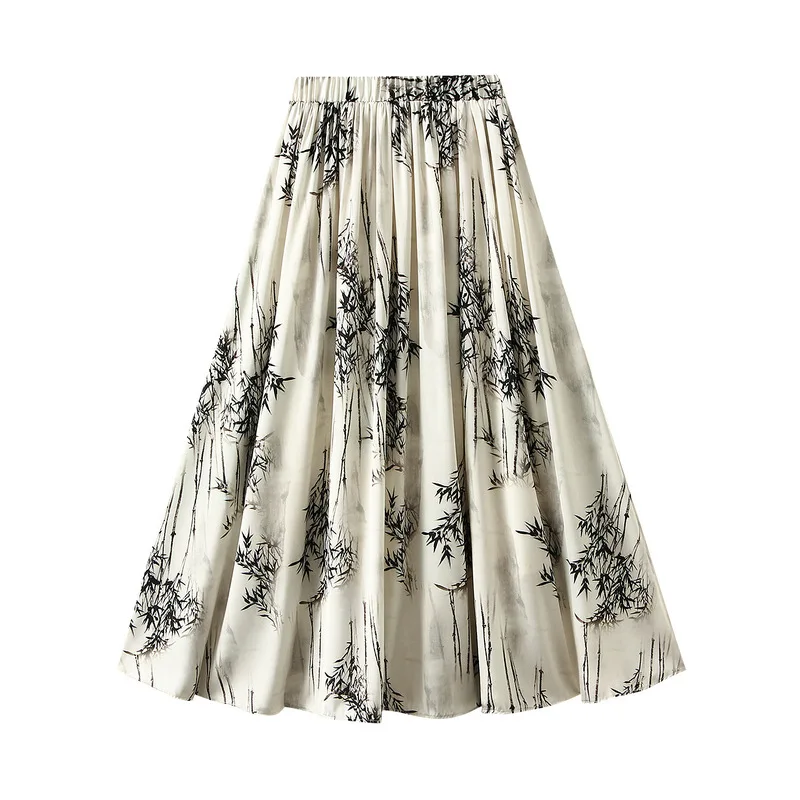 

Chinese Style Ink Painting Bamboo Print Half For Women's Summer New High Waisted Large Hem A-Line Long Skirt Thin 6619