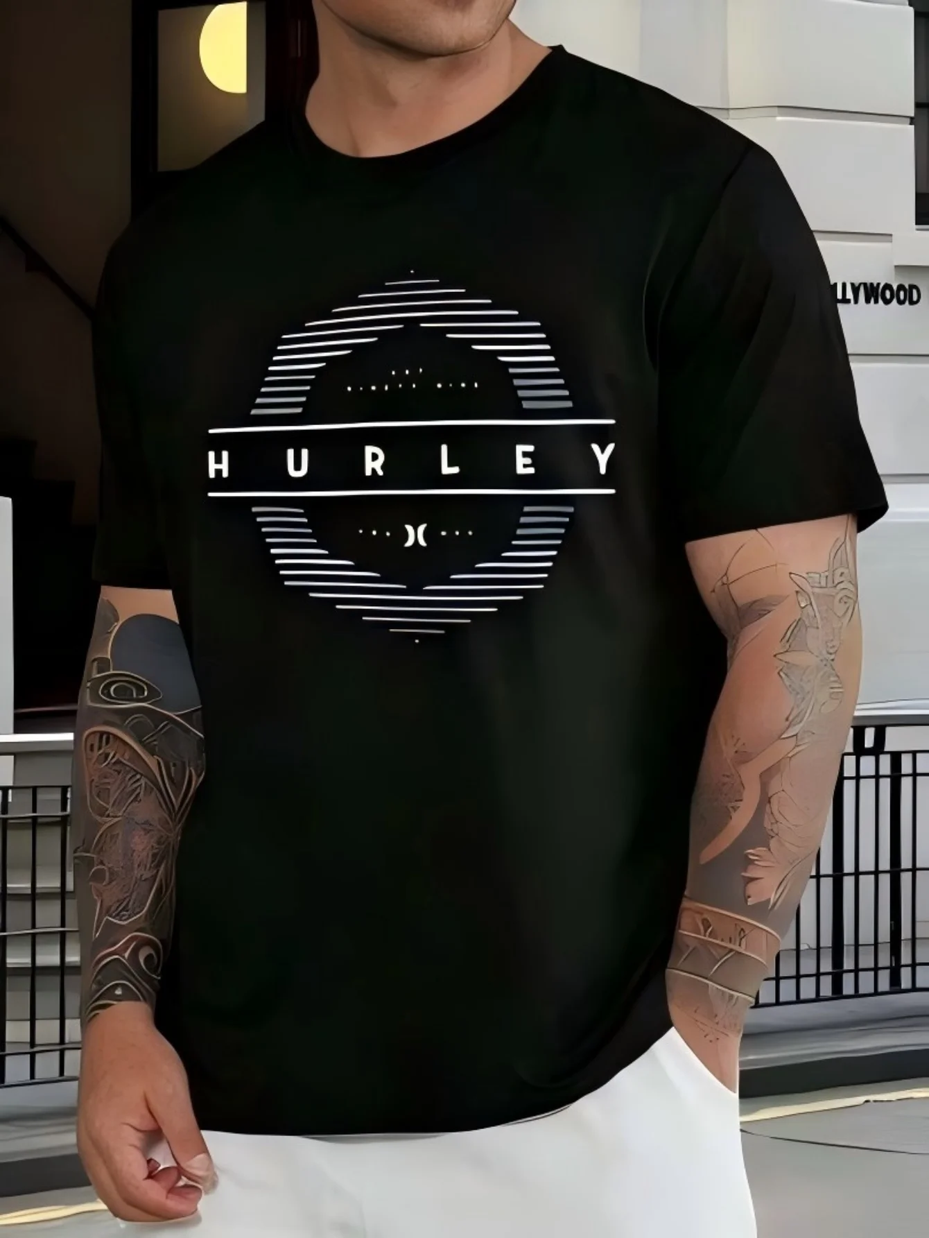 Camiseta Negra con Logotipo Gráfico para Hombre Hurley, Camiseta Casual de Cuello Redondo y Manga Corta, Prenda Cómoda para Surf, Skate y Uso Diario de Verano