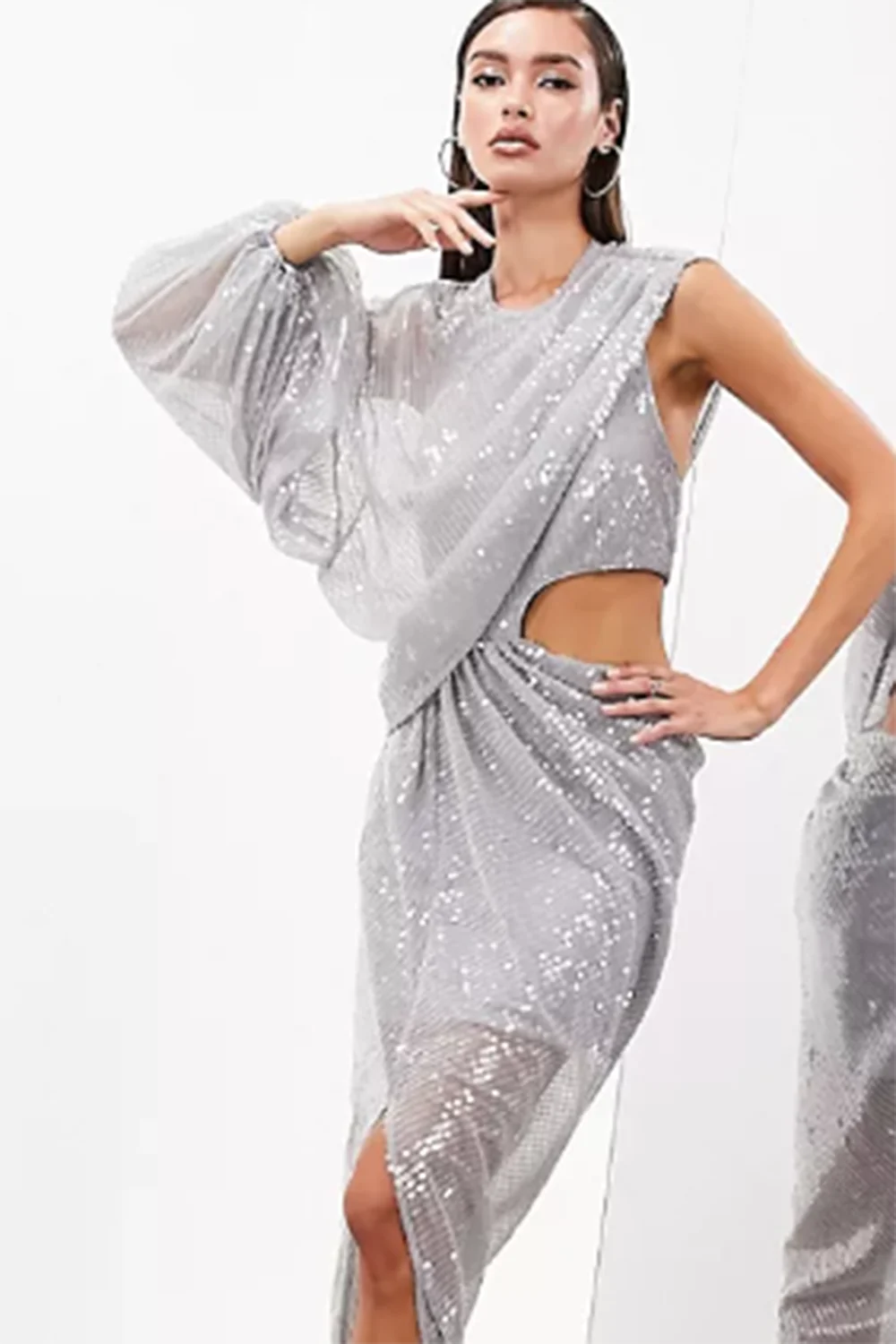 Feminino elegante uma manga festa oco vestido de noite prata saia longa fenda apertada lápis lantejoulas midi saia primavera outono outfit