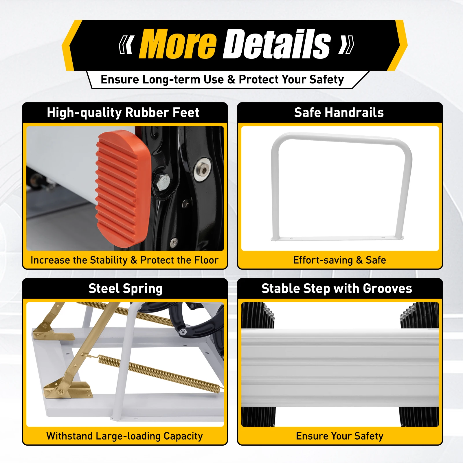 Folding Attic Ladder Wall-Mounted 12 Steps 2 Safe Handrail Durable Black White Anti-Slip for Attics, Garages, Roofs