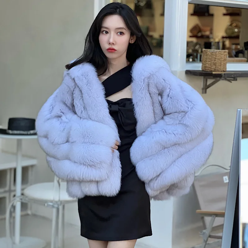 2023 WInter Women Real Blue Fox Fur Coats Whole Skin Genuine Loose bat sleeves Fox Hooded Fur