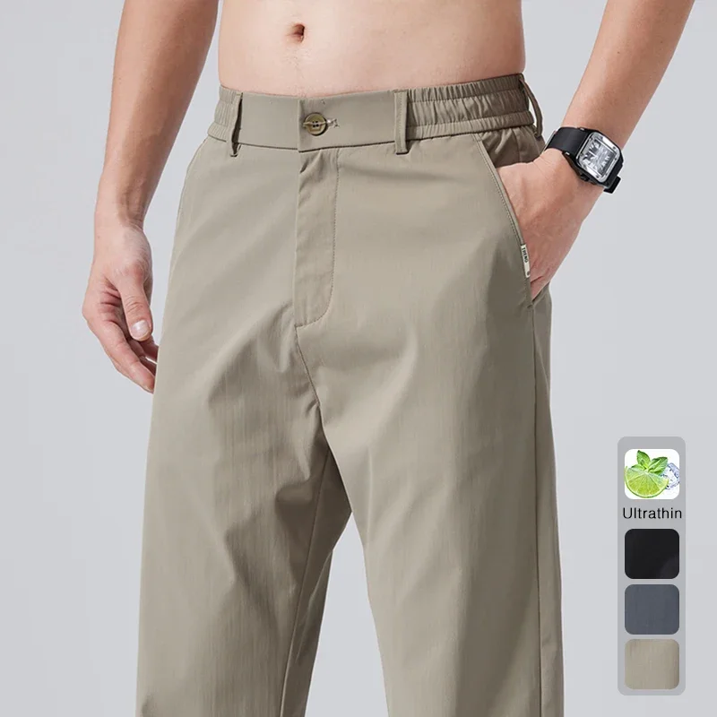 

New Men's Clothes Thin Pants Fashion Classic Summer Straight Slim Ice Silk Ankle Length Male Brand Pants Black Gray Khaki