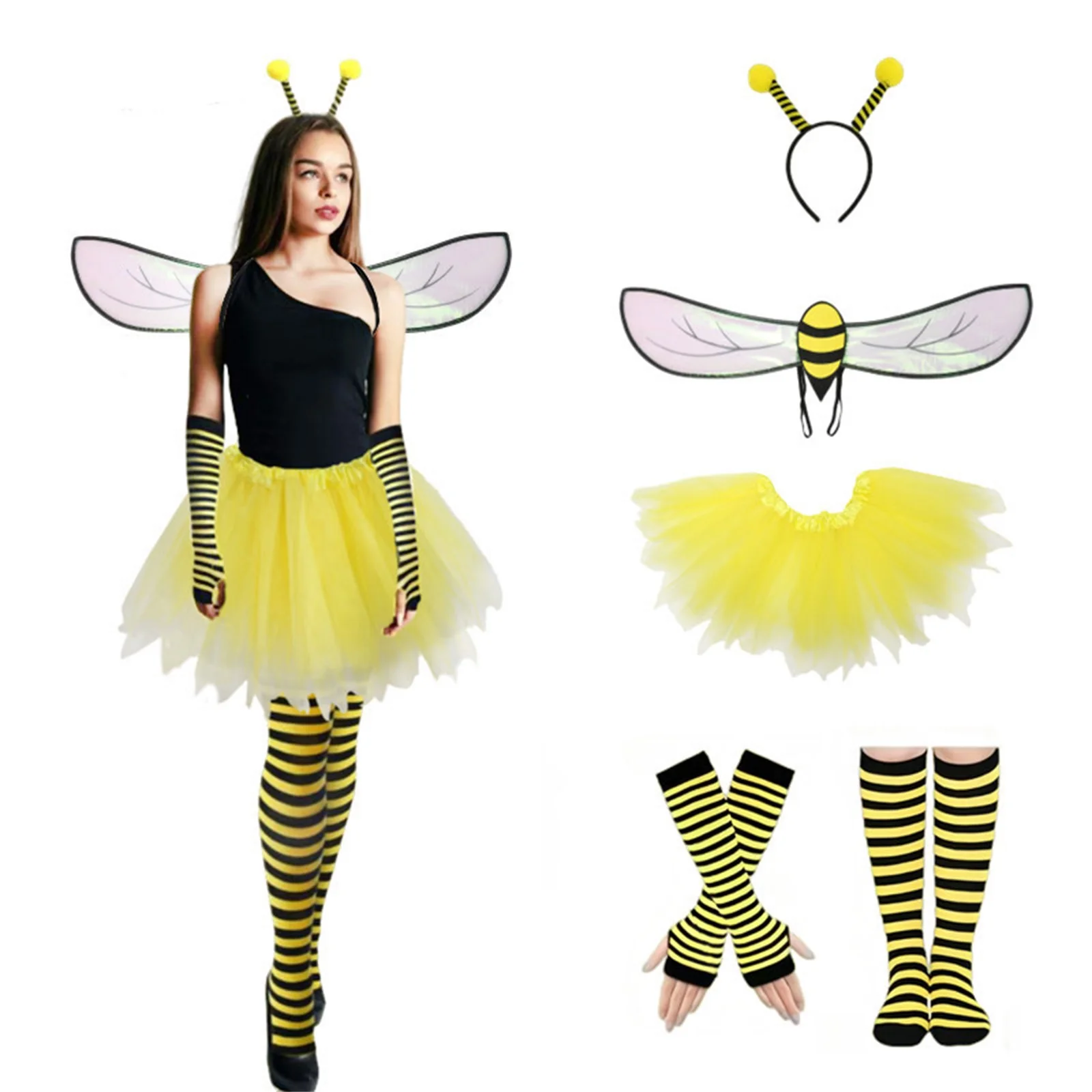 

Women Bee Costumes Cute Bee Wings Tulle Skirt Headband Stripe Gloves Socks Set for Cosplay Role-Playing Party Outfits