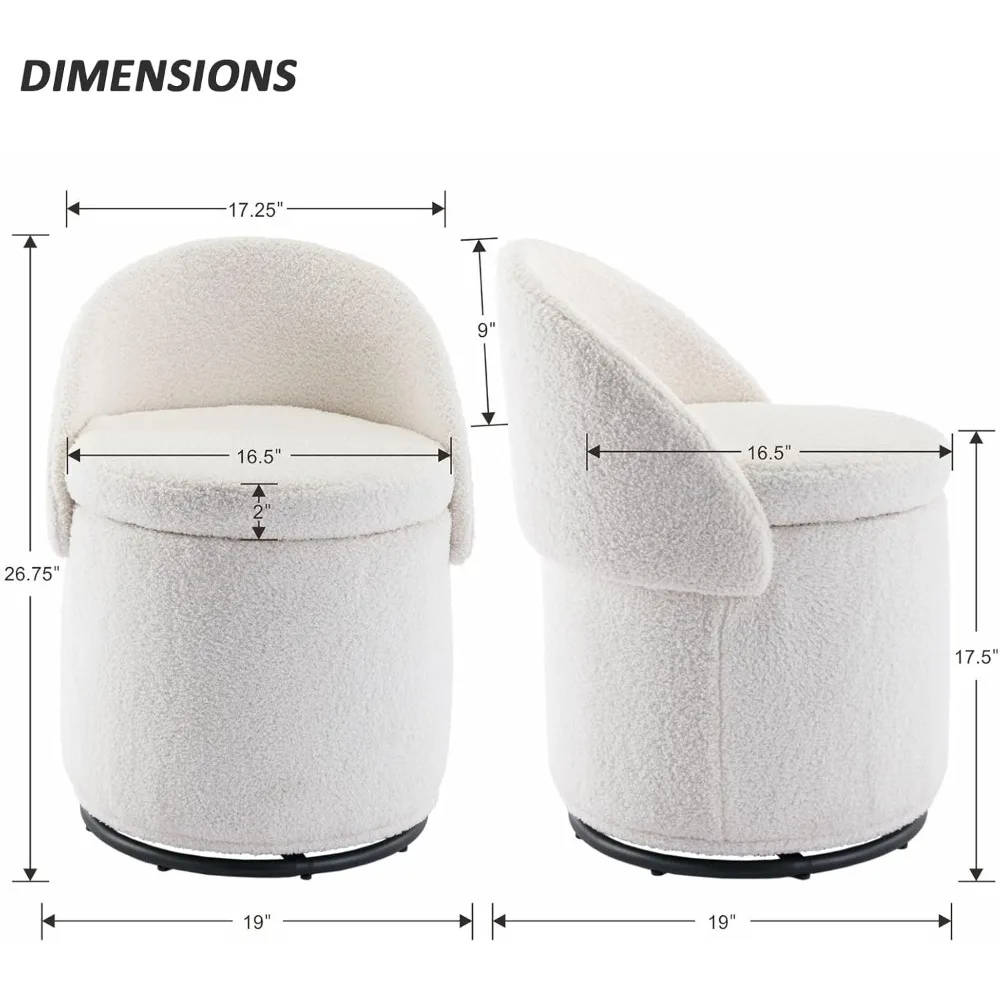 Modern Round Swivel Vanity Storage Stool with Foldable Backrest, Upholstered Ottoman with Removable Lid